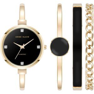 👑Women's Gold-Tone Bangle with End Links Bracelet Set and Black Dial Watch